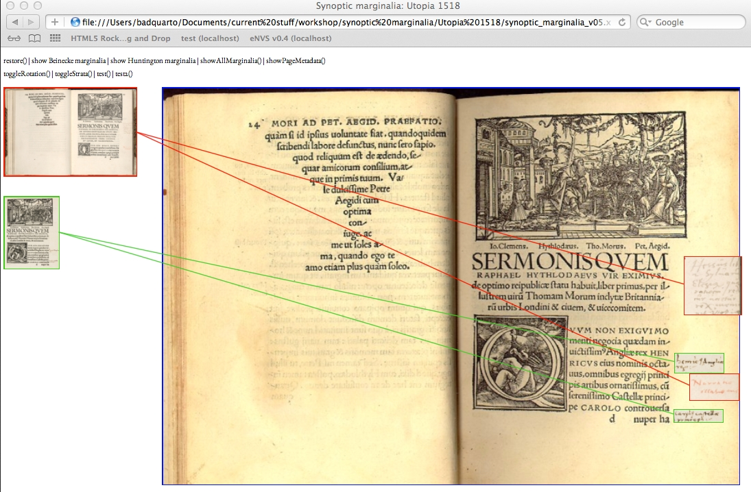 Open early modern book with marginal areas digitally highlighted for analysis
