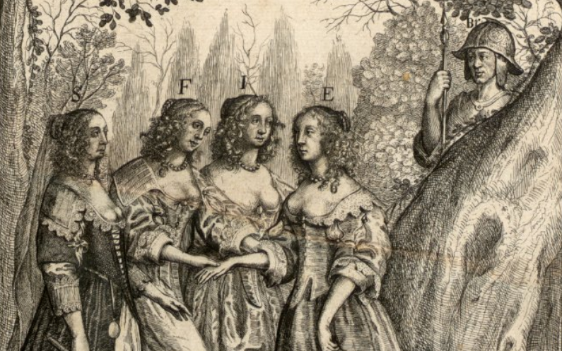 Engraving of four women representing the English, French, Italian and Spanish languages.