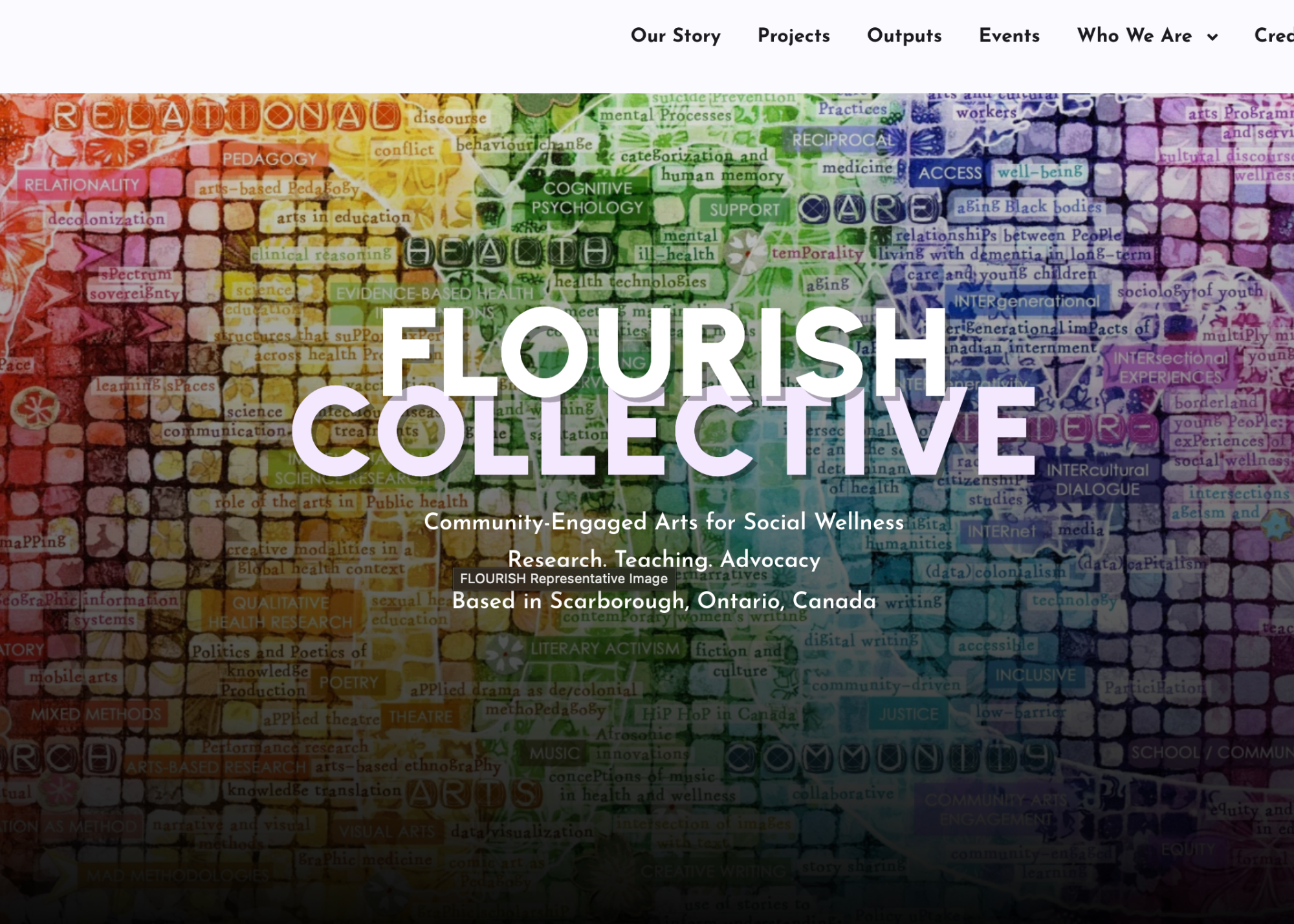 Landing Page with Artwork at the back and Flourish Collective as a page heading