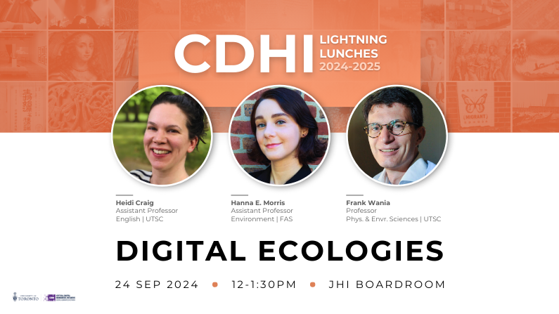 CDHI Lightning Lunch poster for Digital Ecologies event. Date: 24 September 2024 Time: 12:00-1:30 pm Location: JHI 1040, 17 St George Street Headshots of three speakers: Dr. Heidi Craig, Dr. Hanna E. Morris, and Dr. Frank Wania